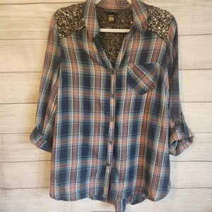 Wendy Bellissimo M Blue plaid sequined long sleeve button up blouse